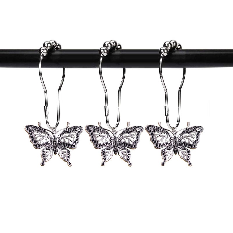 ZILucky 12pcs Butterfly Decorative Shower Curtain Hooks Garden Nature Insect Style Theme Home Rustproof Shower Curtain Rings Bathroom Decor Accessories (Silver) - Image 1